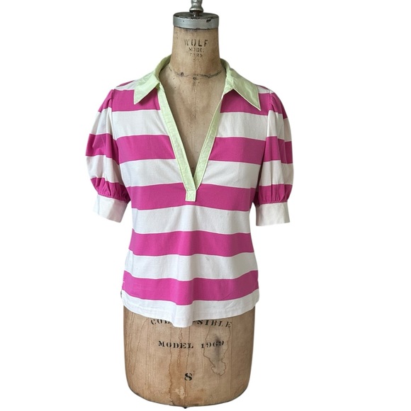 Maeve Anthropologie puff sleeve rugby Pink/White stripe polo top Green Collar S - Picture 2 of 8